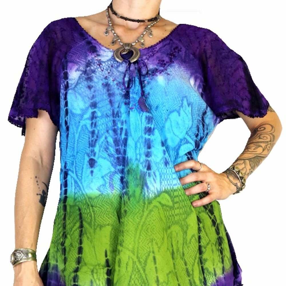 Evenlyn Purple Blue Green Comfy tie dye Hippie Boho womens top